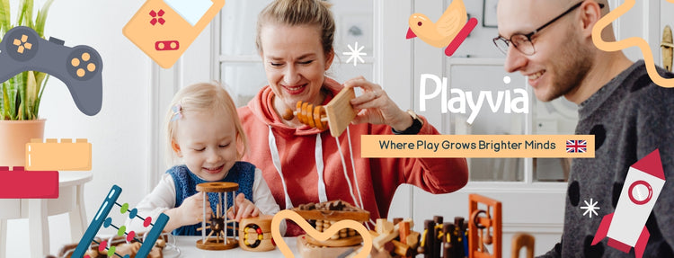 Family playing with toys in a bright room, featuring Playvia branding.