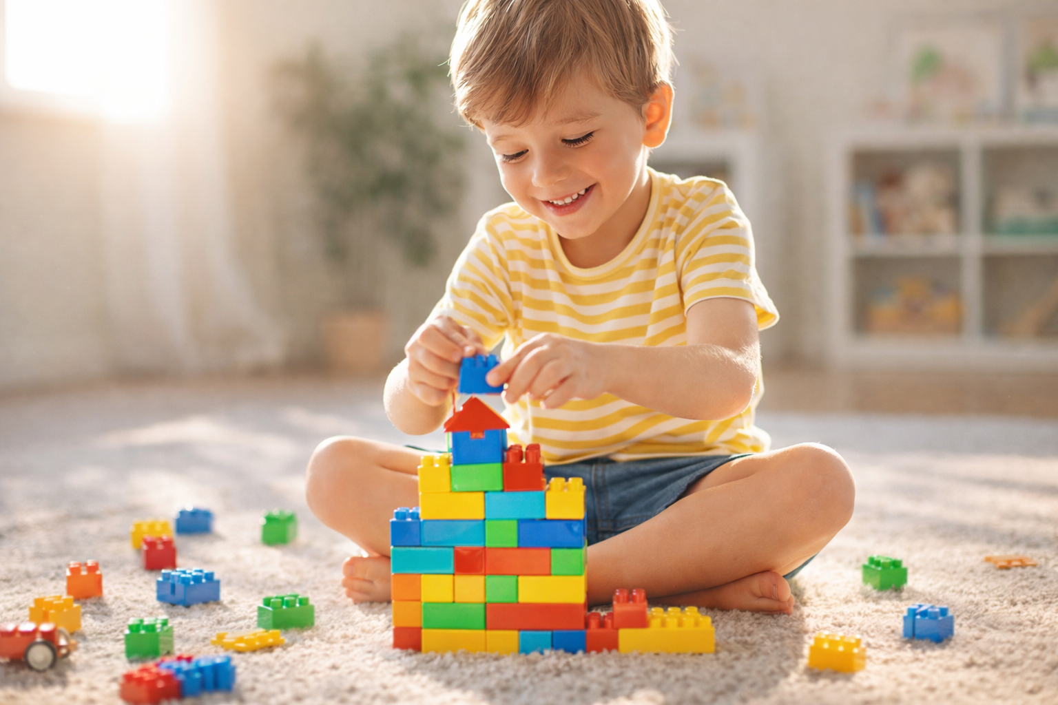Child playing with colorful building blocks on a carpeted floor.