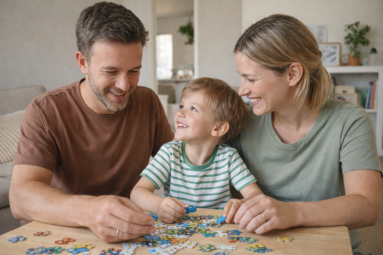 Family of three, including a man, a woman, and a child, working on a puzzle together in a home setting.