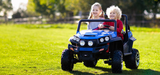 Two children playing in a blue toy car on a grassy field with trees in the background