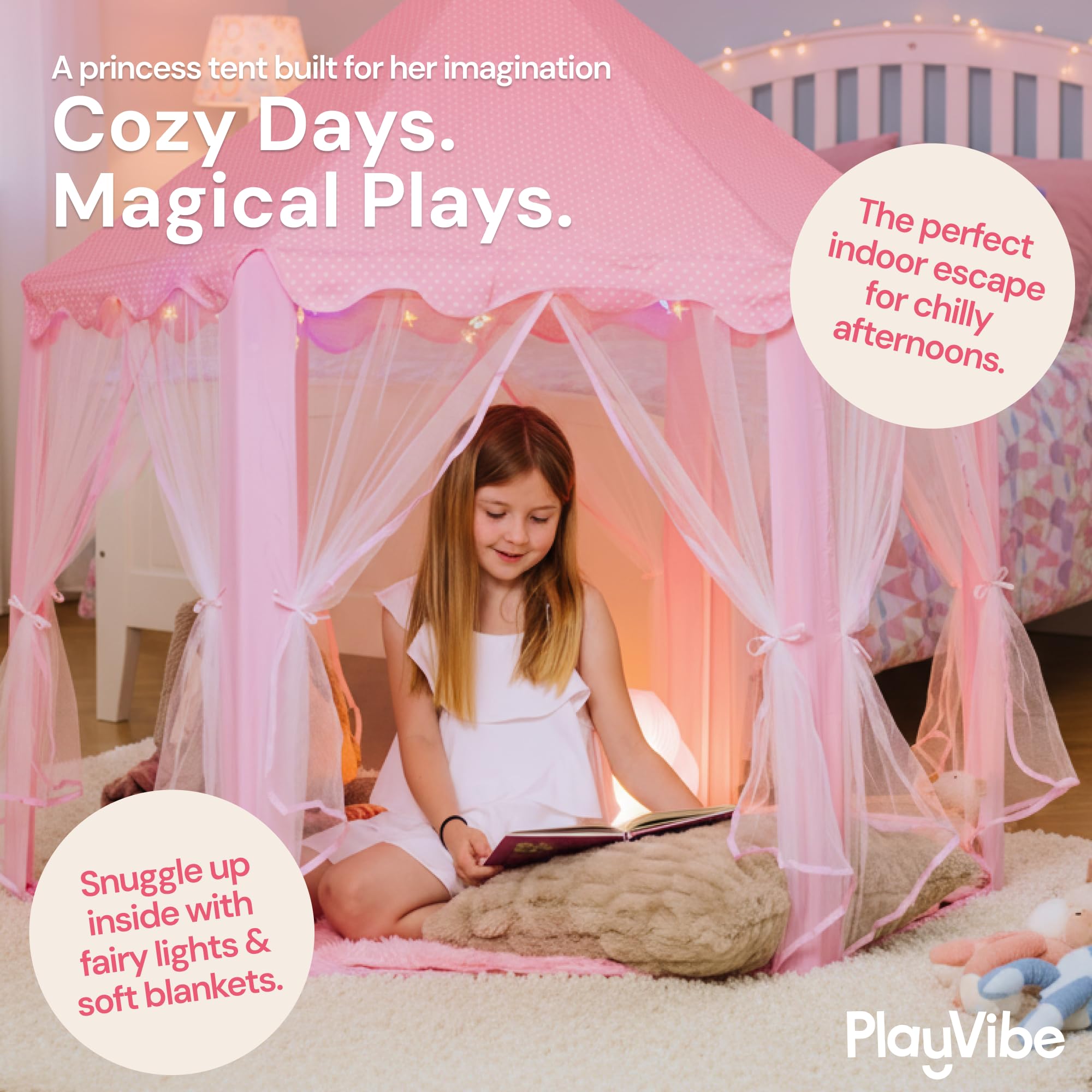 Interior view of PLAYVIBE Princess Tent showing 55 by 53 inch space