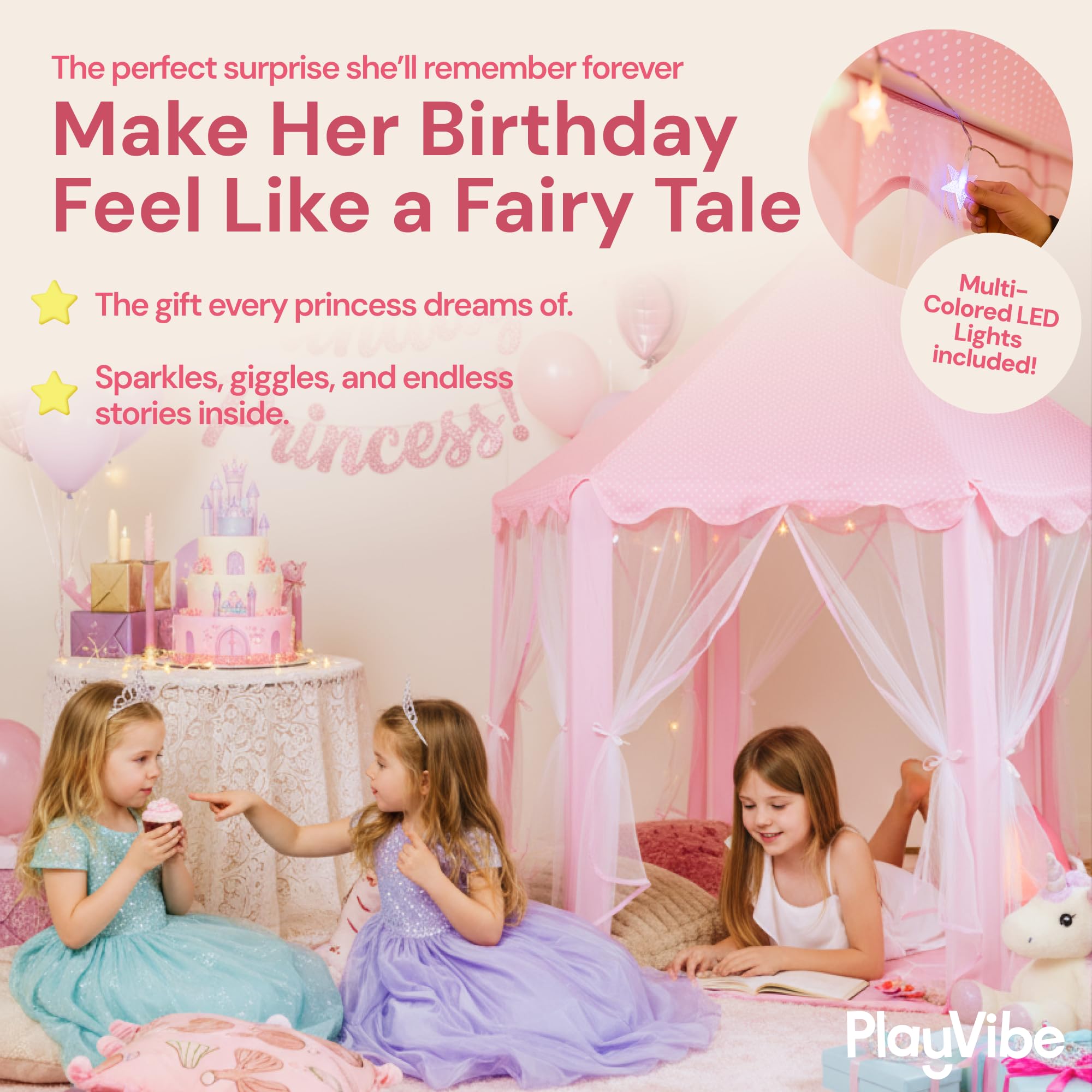 Kids enjoy a pretend tea party inside the PLAYVIBE Princess Tent