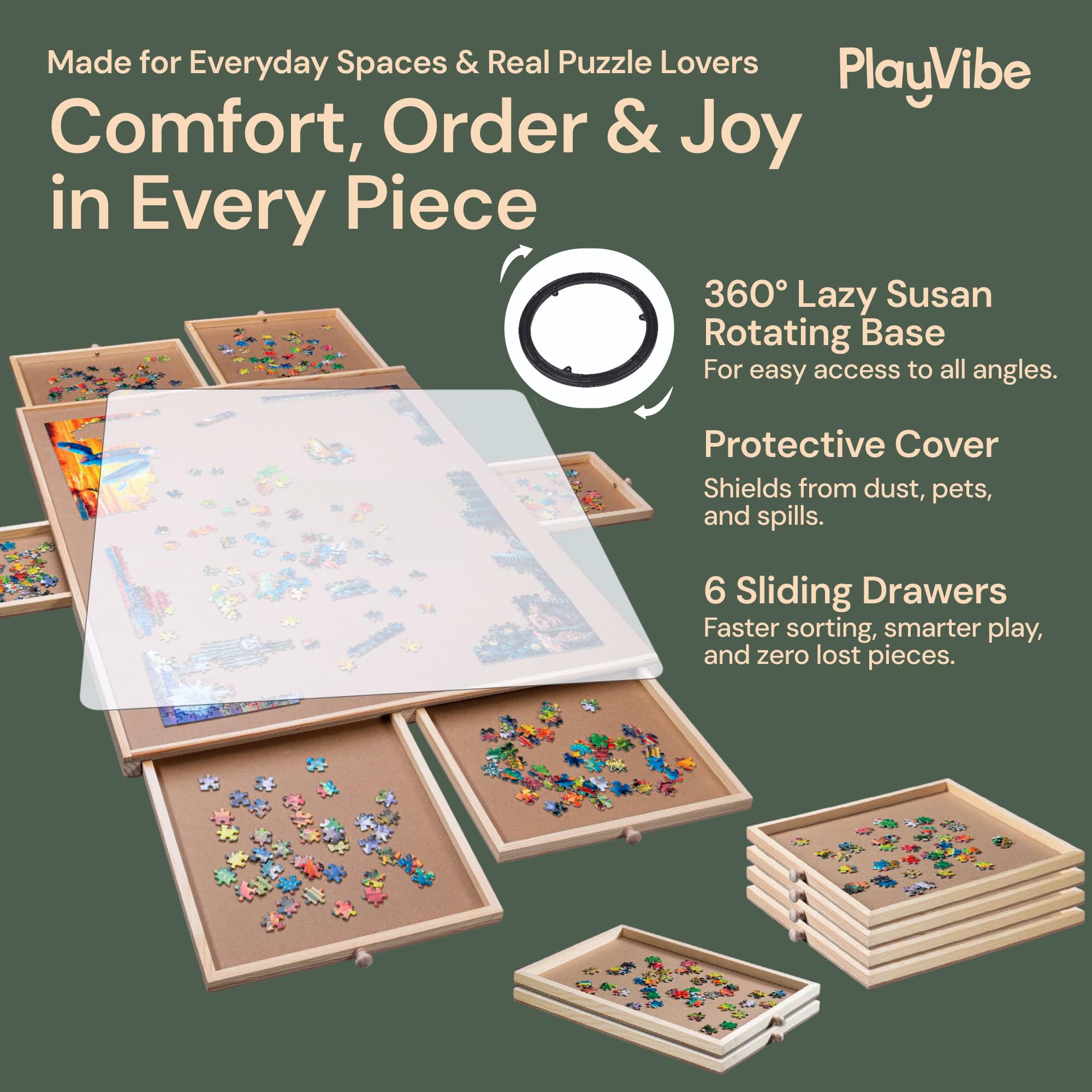 PLAYVIBE puzzle table with six drawers keeps pieces organized during play