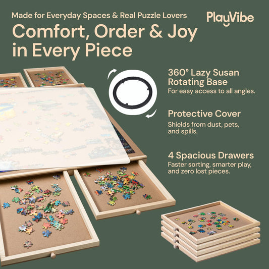 PlayVibe puzzle table with drawers and four compartments keeps pieces organized.