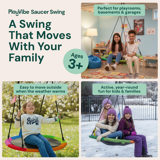 PlayVIBE saucer swing spacious design invites cooperative play for kids at home.