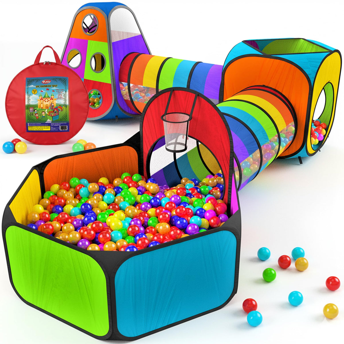 Playz 5pc ball pit tent in bright rainbow colors for indoor or outdoor fun.