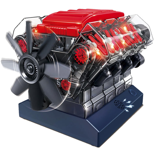 Playz V8 engine kit shows visible pistons in motion for hands-on learning.