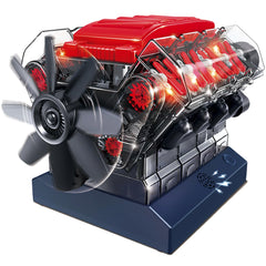 Playz V8 engine kit shows visible pistons in motion for hands-on learning.