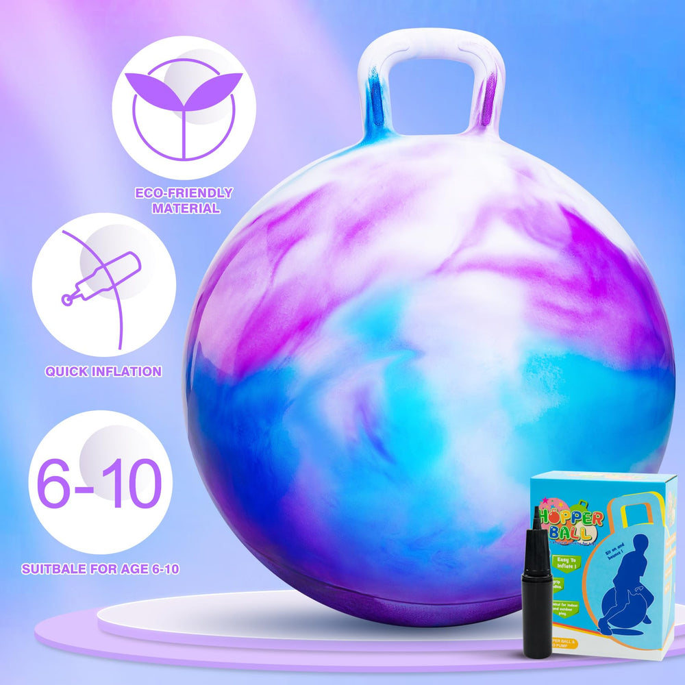 PlayZap Hopper Ball bold color clouds design attracts kids to active play.