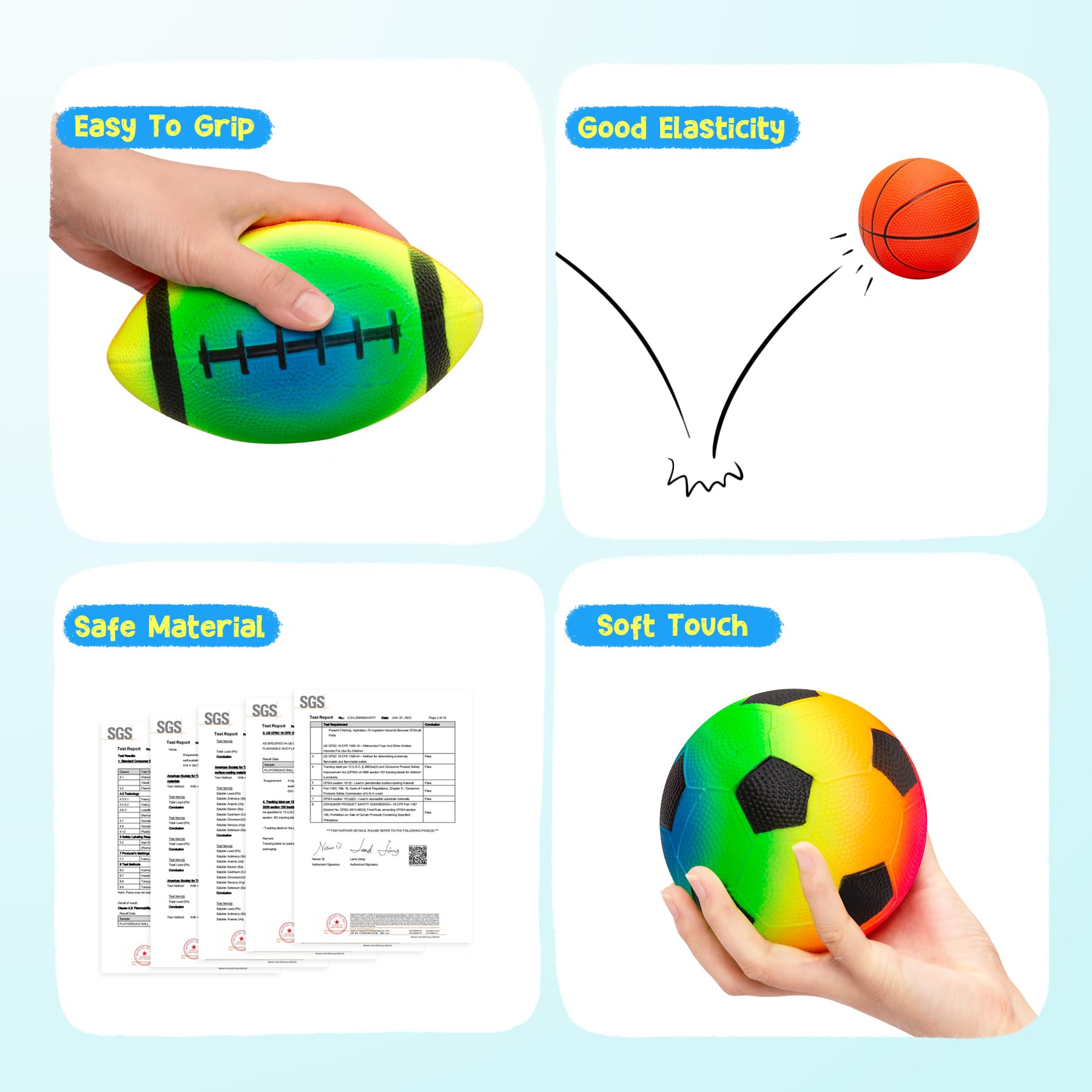 PlayZap rainbow footballs provide safe rubber construction for active play.