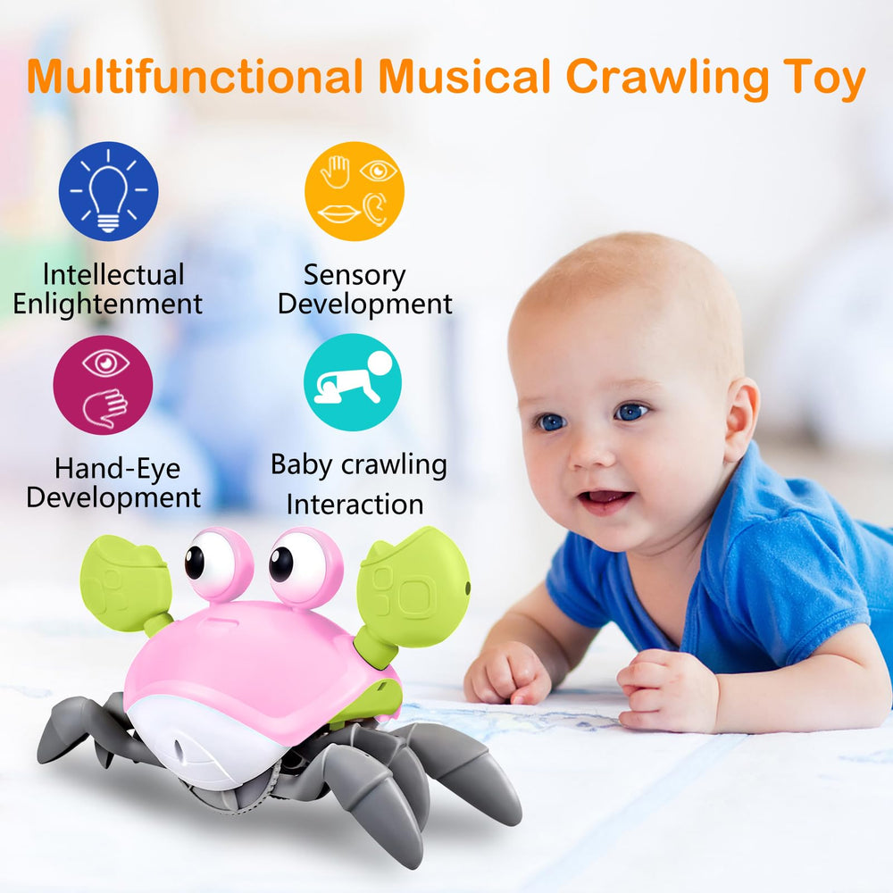 Plnmlls Crawling Crab Toy with mute button for quiet play when needed.
