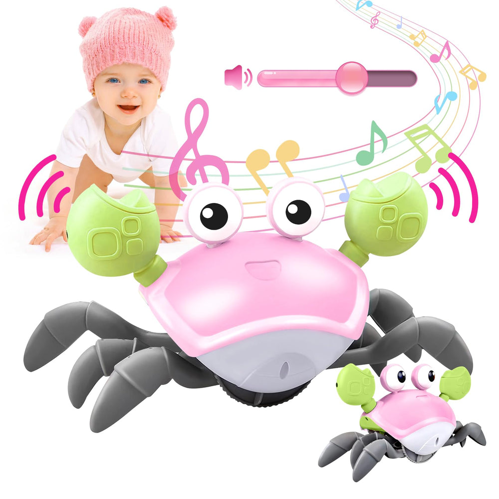 Plnmlls Crawling Crab Toy showcases walking motion with music and LED lights for engaging tummy time.