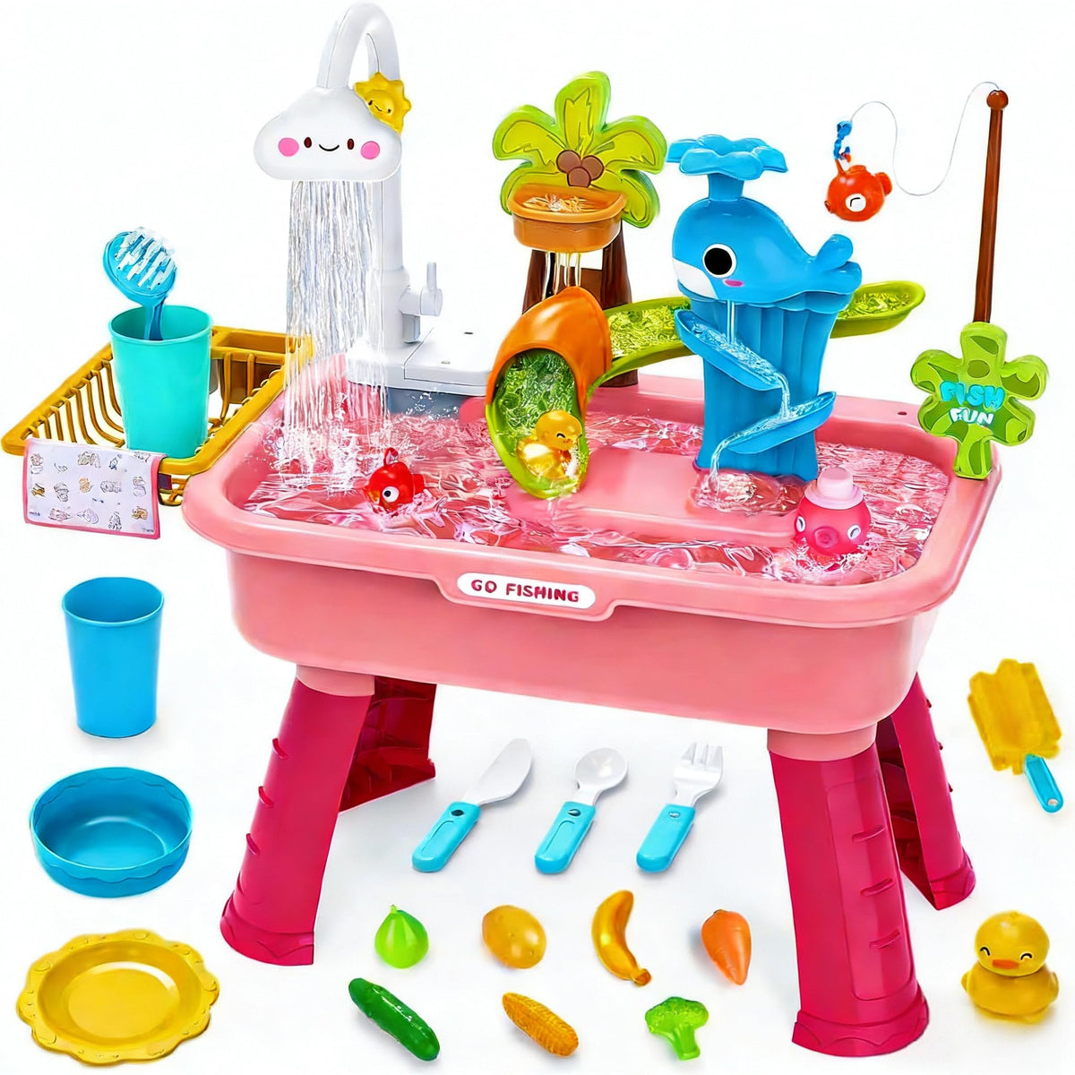 Ploomi water table with cloud faucet for imaginative play and water flow exploration.