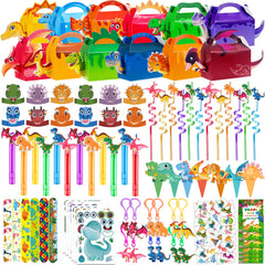 PLOUGVI dinosaur party set boxes show 3D dinos for vibrant party bags