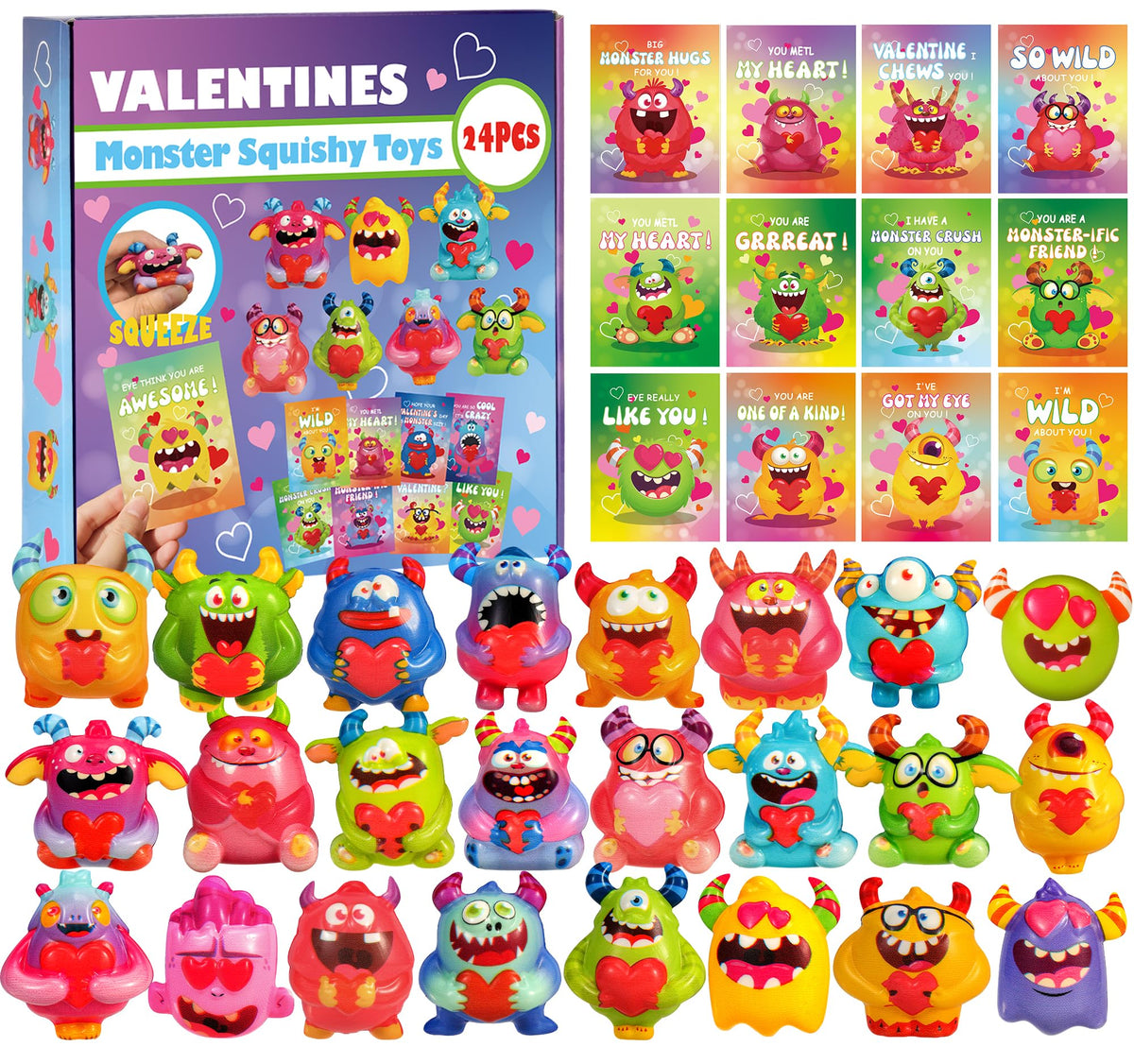 PLOUGVI monster heart squishy toy with cards for Valentines keepsakes and classroom swaps.