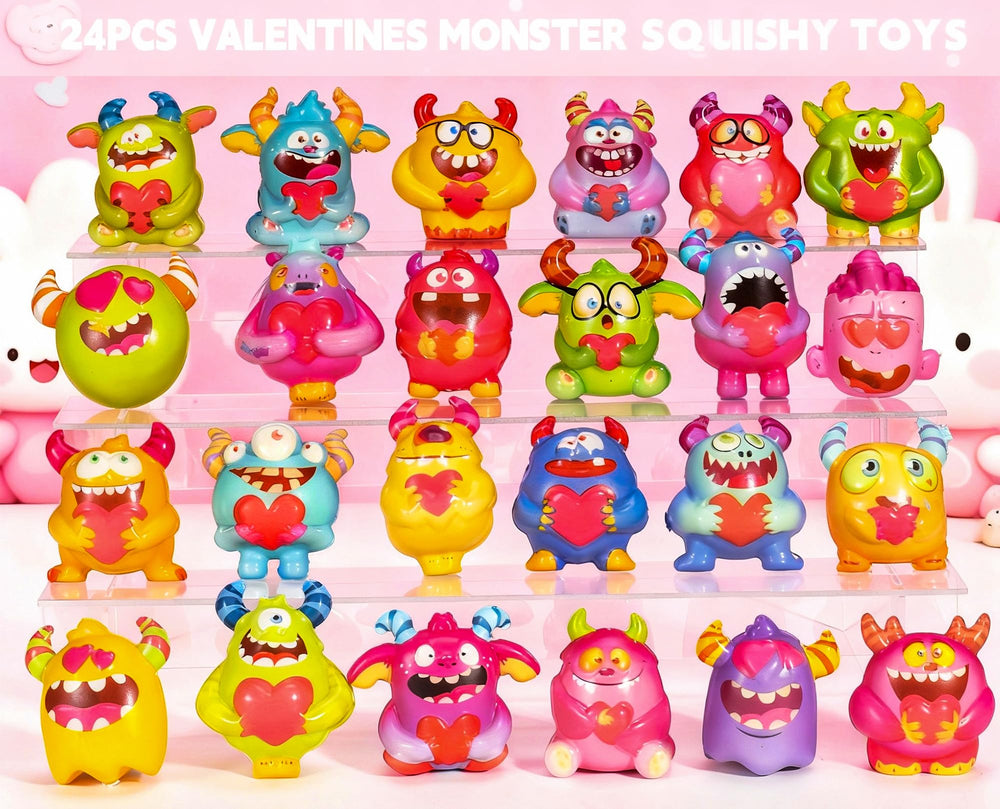 PLOUGVI Valentines cards and monster squishies set for classroom exchanges.
