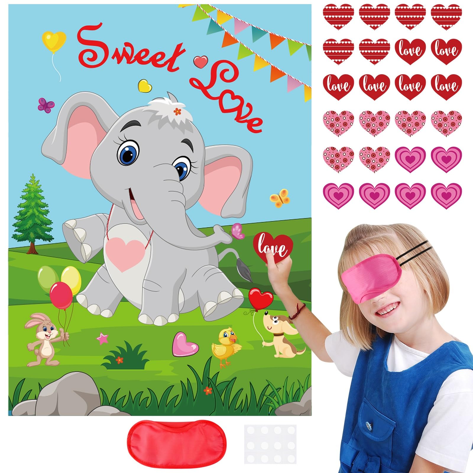 PLULON pin heart on elephant poster – bold Valentines backdrop for group games and photos