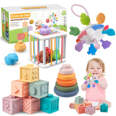 Plunack 4-in-1 baby toys set with Montessori blocks for tactile play and learning