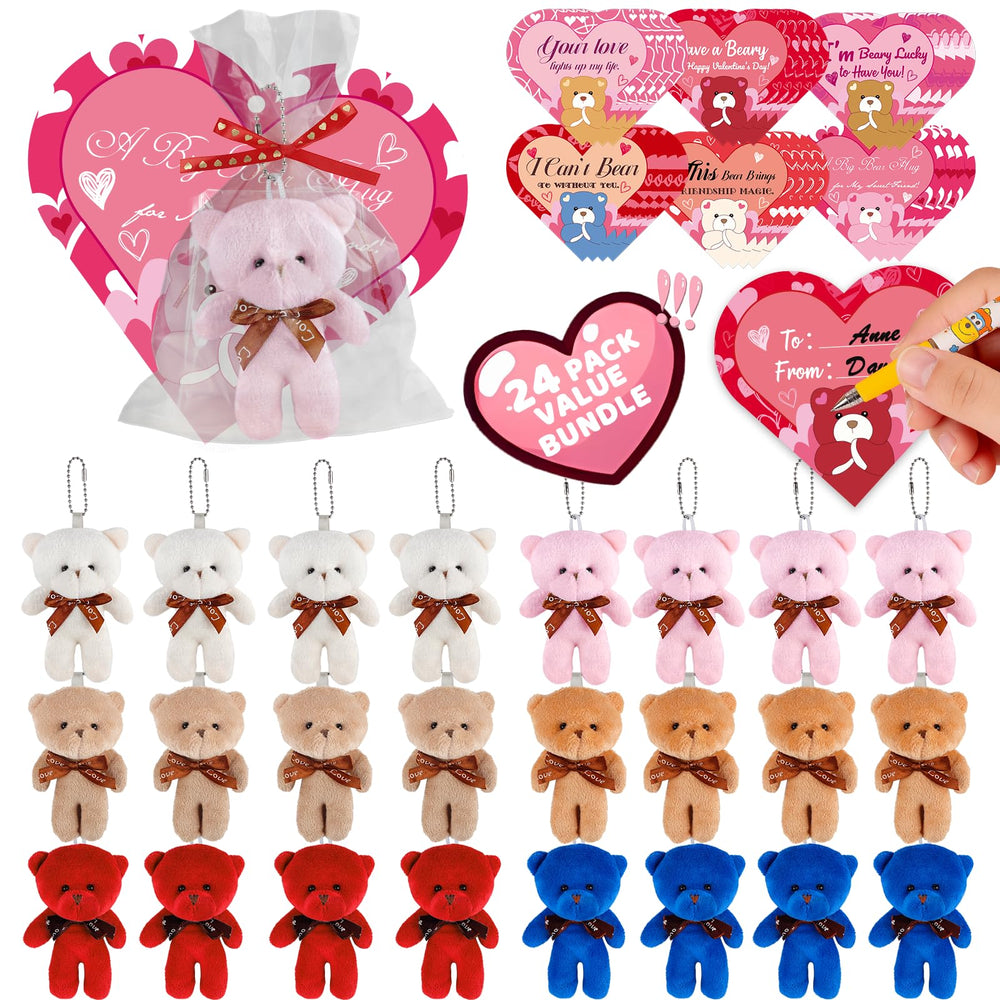 Plunack Valentines bears 24-pack for classroom gift exchanges and party favors.