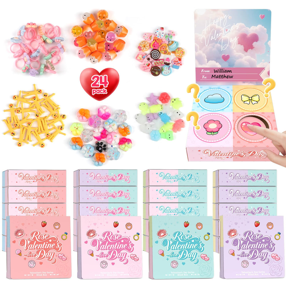 Plunack Valentine mystery boxes in four colors for classroom exchanges.