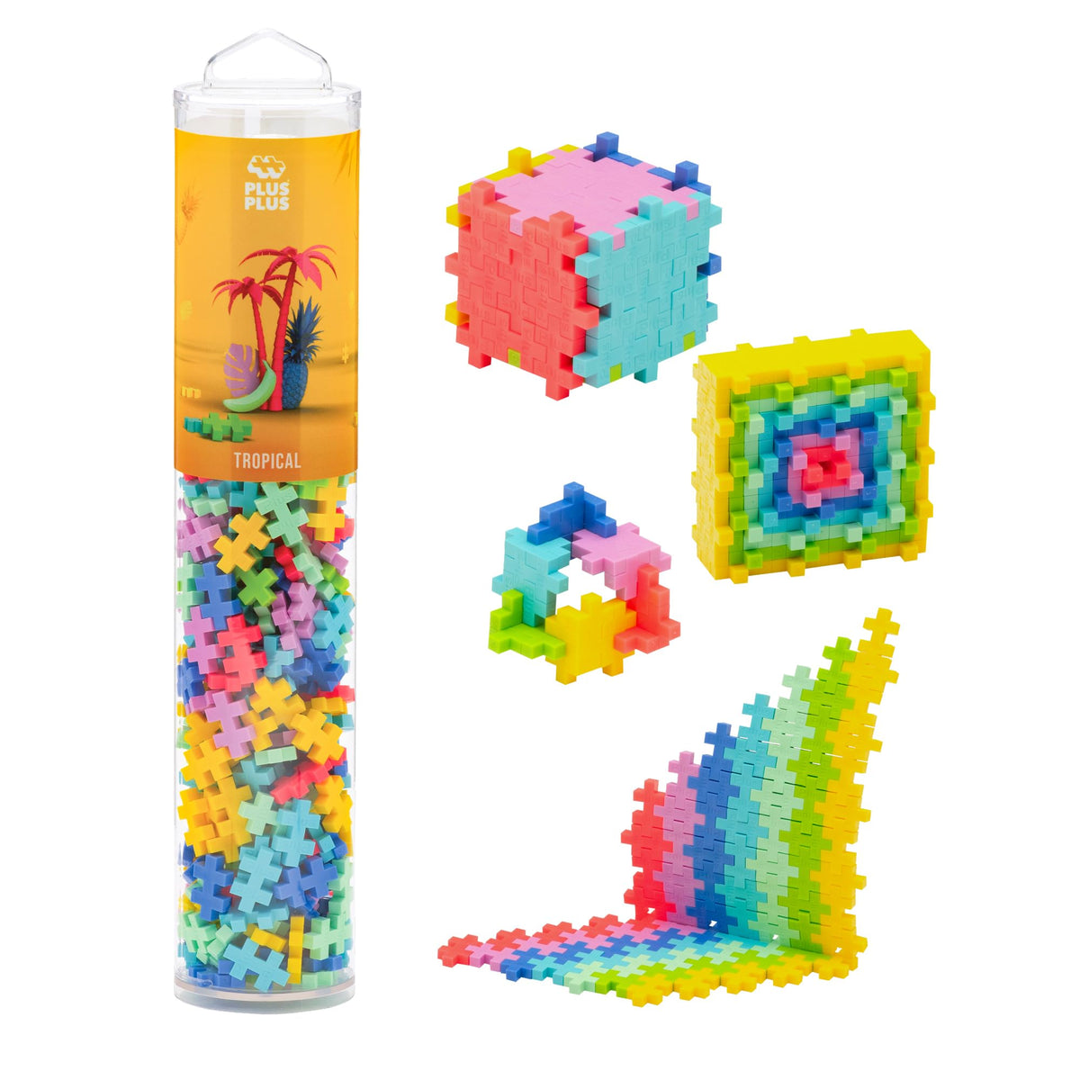 PLUS PLUS 240-piece tropical mix play tube with vibrant interlocking bricks for limitless creativity.