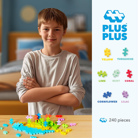 PLUS PLUS colorful 3D builds showcase open-ended connection for imaginative construction play.