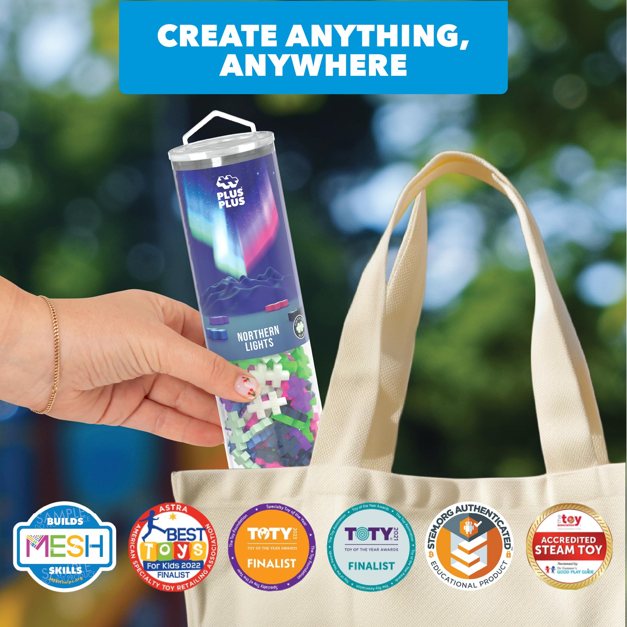 PLUS PLUS aurora-inspired colors enhance tactile and visual exploration.