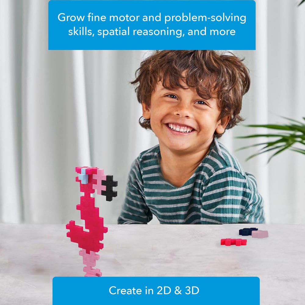 PLUS PLUS Big Flamingo flat mosaic idea supports screen-free learning fun.