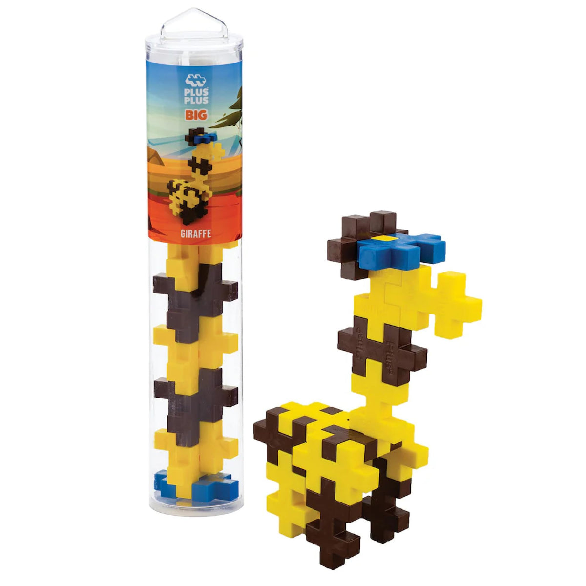 PLUS PLUS Big giraffe build from the instructed tube shows chunky pieces for little hands, ideal on-the-go learning.