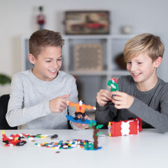 Close-up of PLUS PLUS interlocking pieces showing easy connections for quick creations.