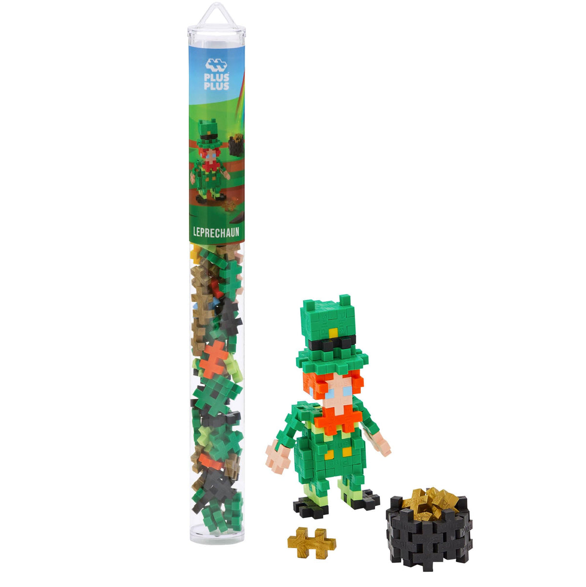 PLUS PLUS Leprechaun Mini Maker Tube front view shows colorful pieces for festive creativity