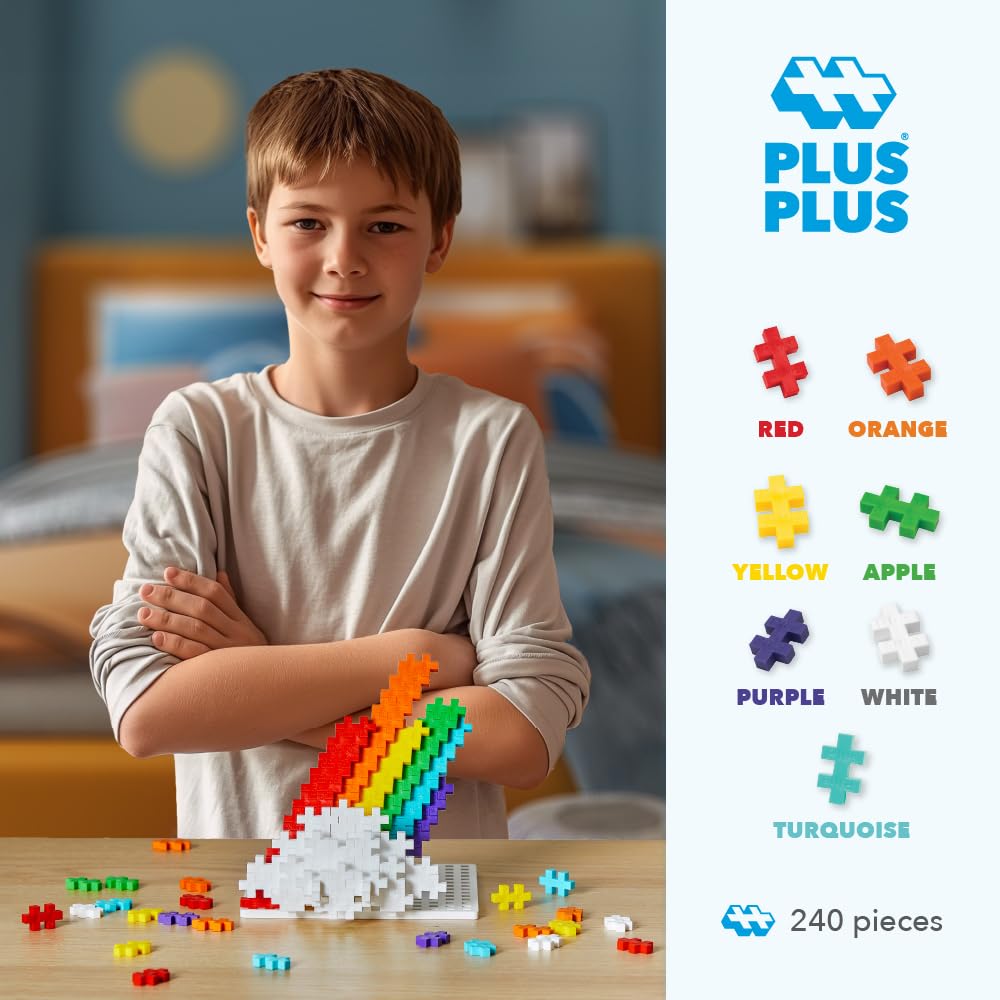 Plus Plus open-ended rainbow bricks enabling tactile, imaginative play and STEM exploration