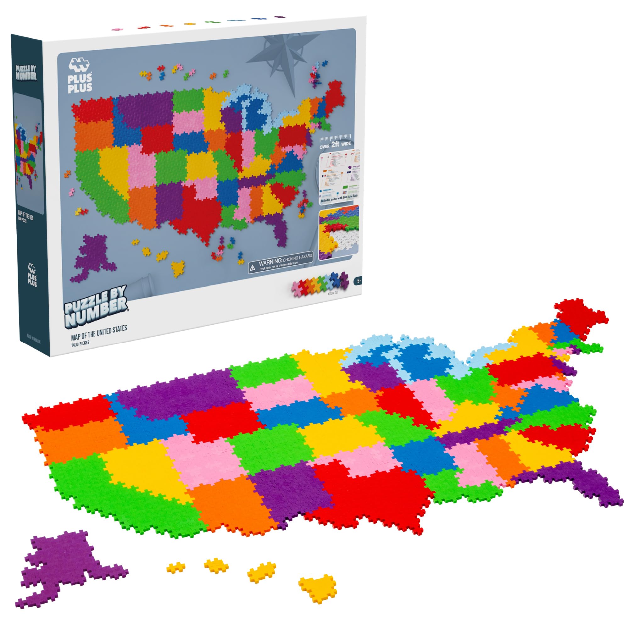 PLUS PLUS Puzzle by Number US map with 1,400 pieces for hands-on learning and creativity
