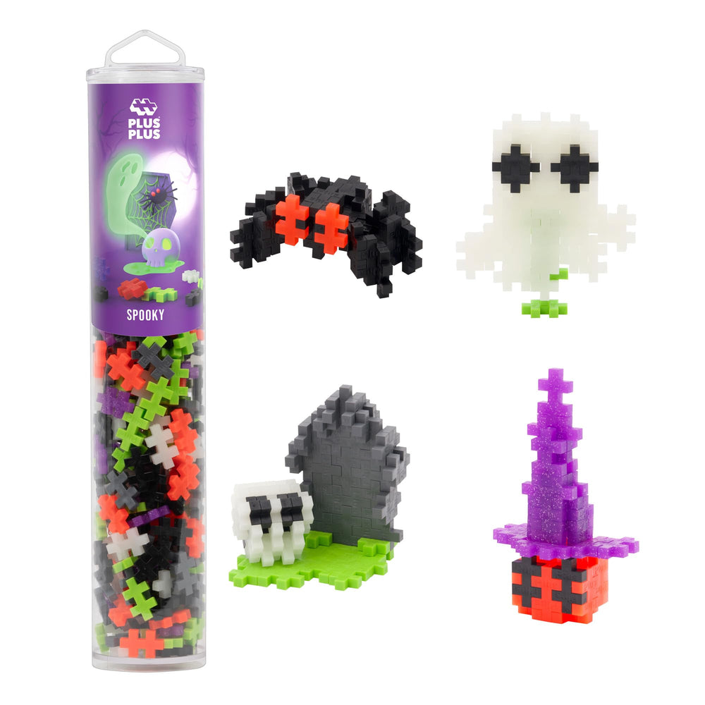 PLUS PLUS spooky mix tube cover showcases portable creativity for on-the-go play