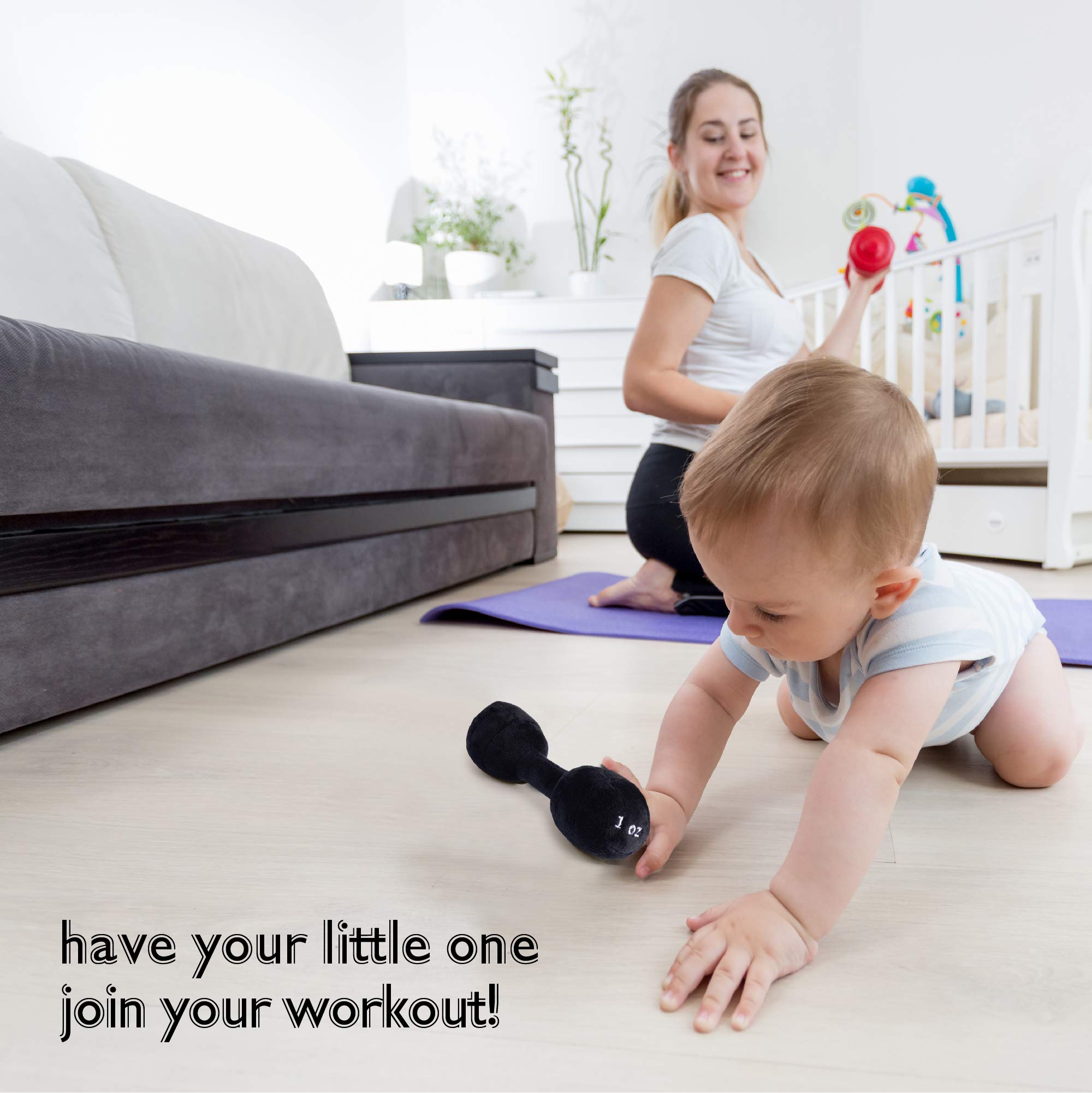 Plush Creations Baby Dumbbell Rattle, wipe clean care shot for easy maintenance.