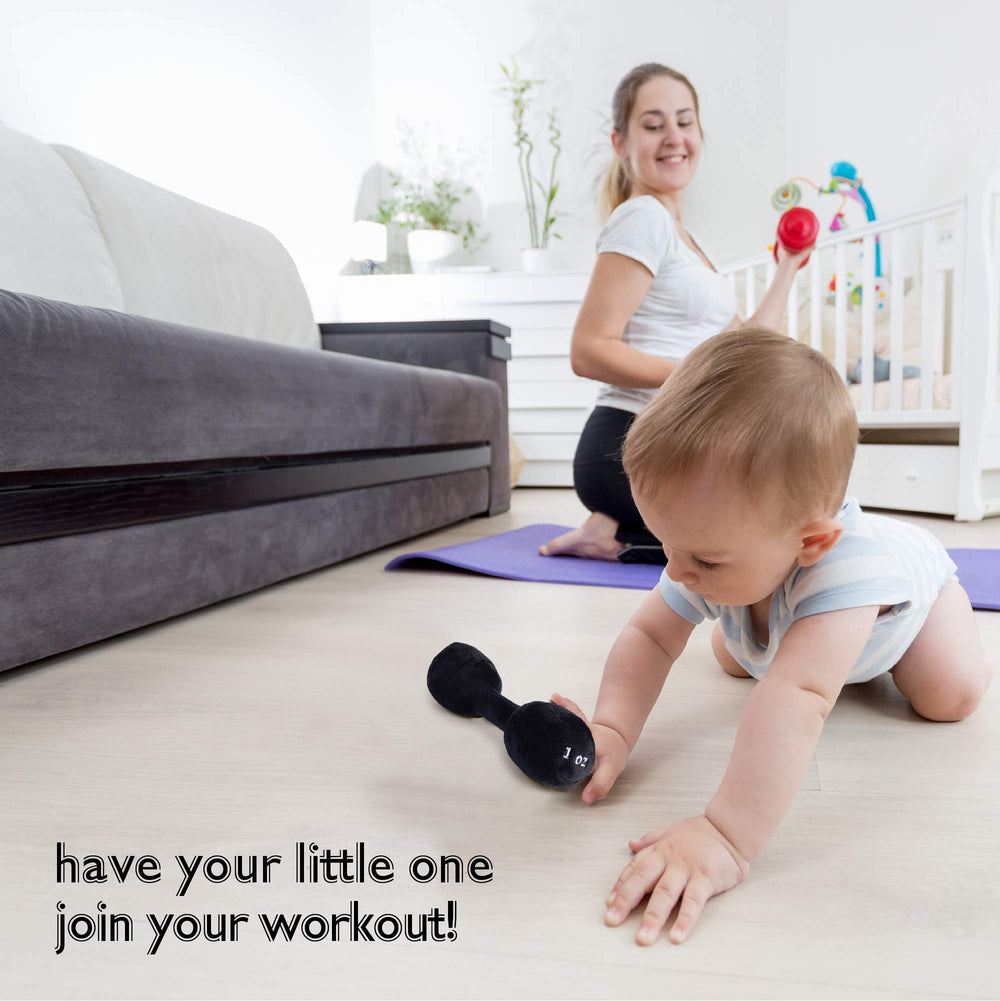 Plush Creations Baby Dumbbell Rattle, wipe clean care shot for easy maintenance.