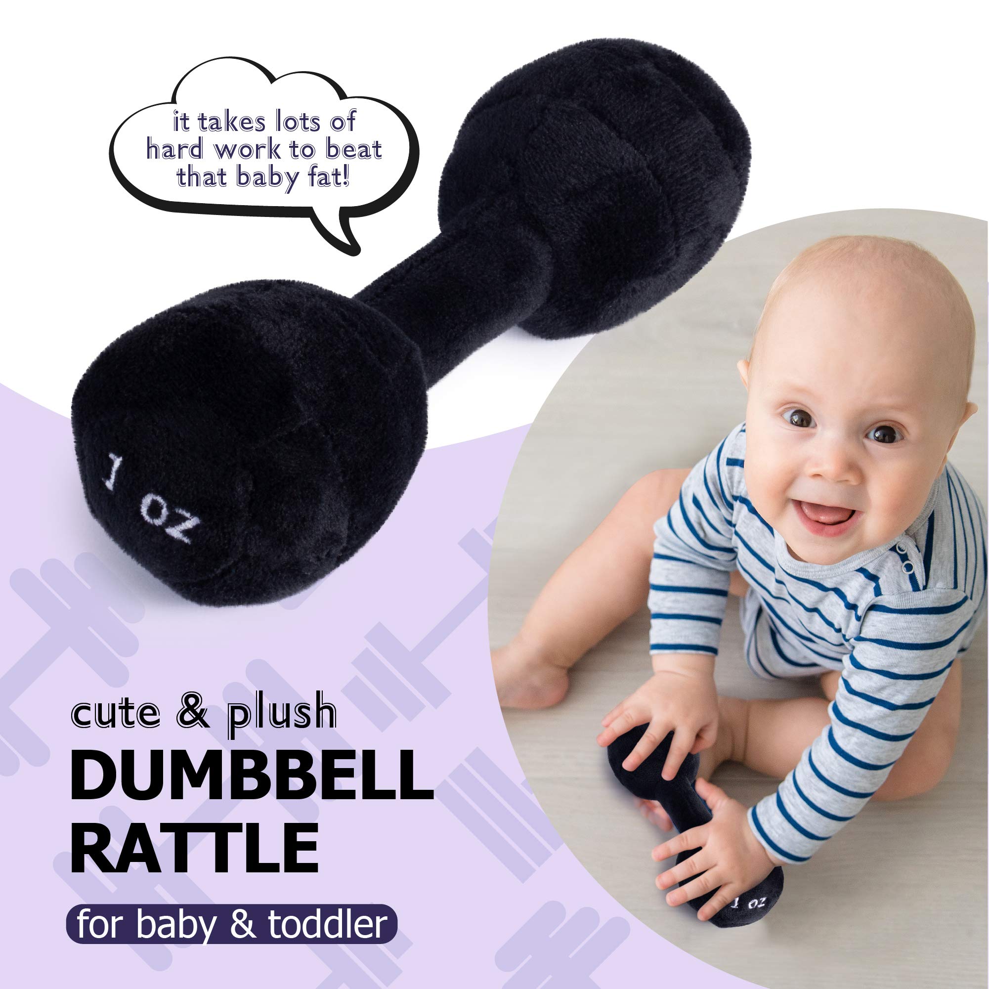 Plush Creations Baby Dumbbell Rattle, side view, cuddly grip for little hands.