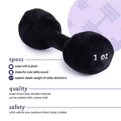 Plush Creations Baby Dumbbell Rattle, soft fabric, ideal for teething safe play.
