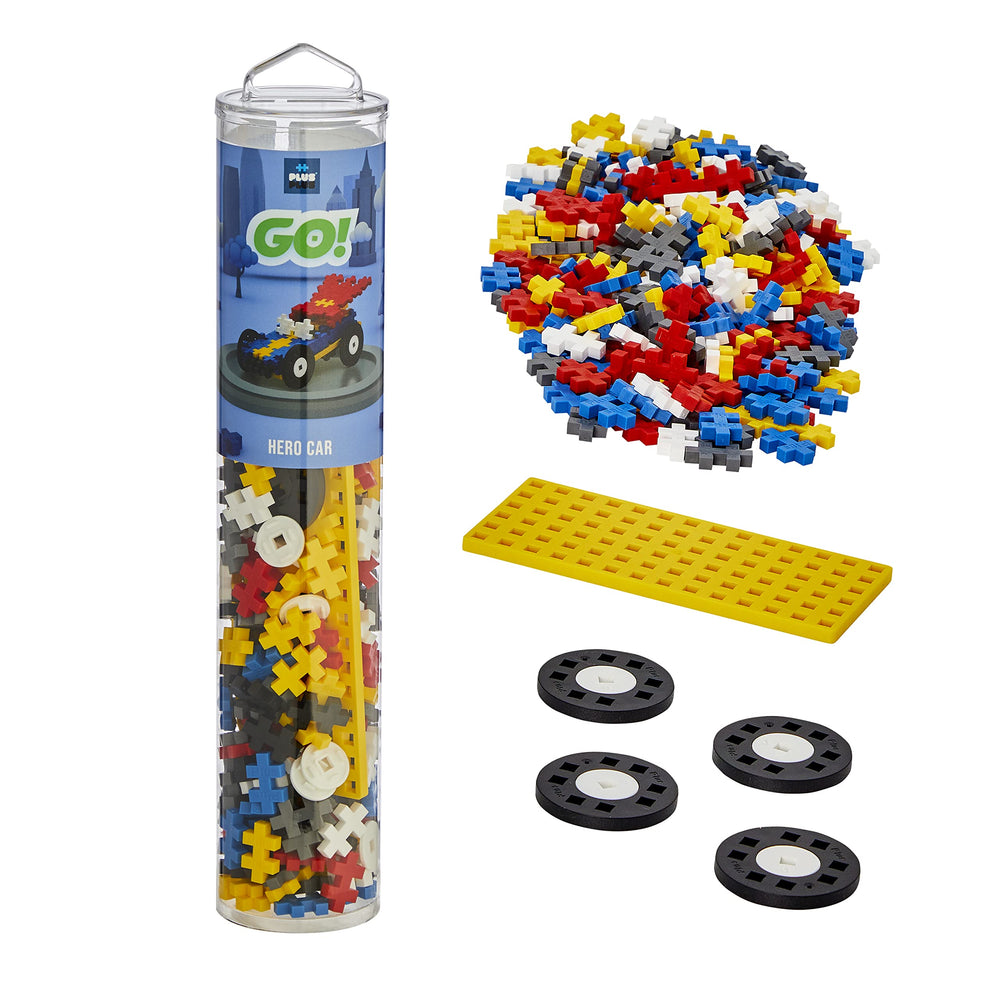 PLUS PLUS yellow chassis baseplate anchors sturdy car builds for kids.
