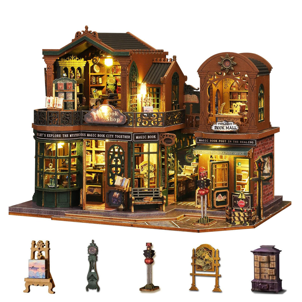 Plustopoy bookshop dollhouse open door display and interactive feature