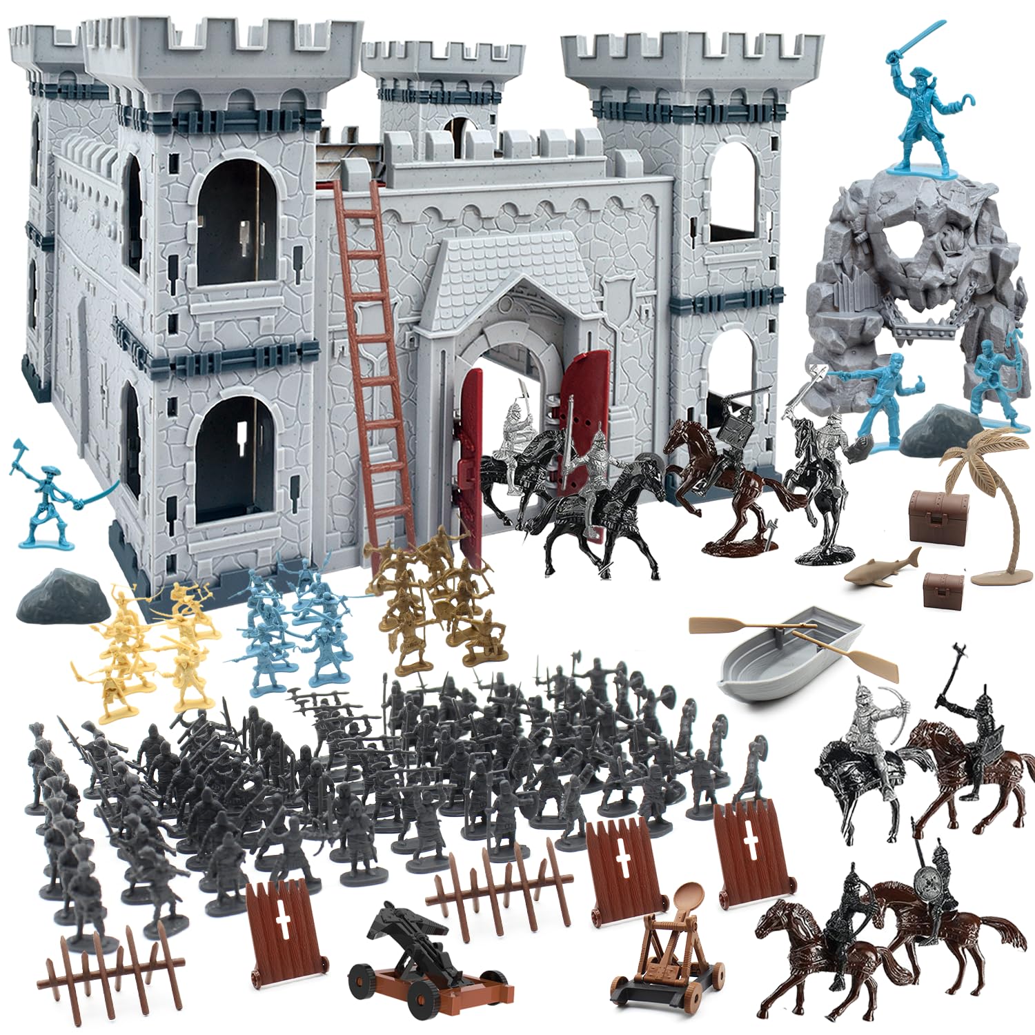 Plustopoy medieval castle set front view with knights and soldiers for imaginative indoor play