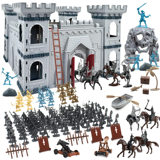 Plustopoy medieval castle set front view with knights and soldiers for imaginative indoor play