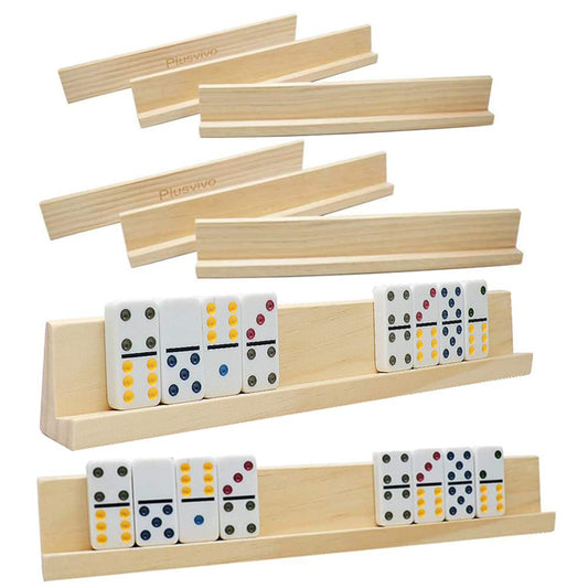 Plusvivo eight-pack domino racks arranged for group play showing organized tiles