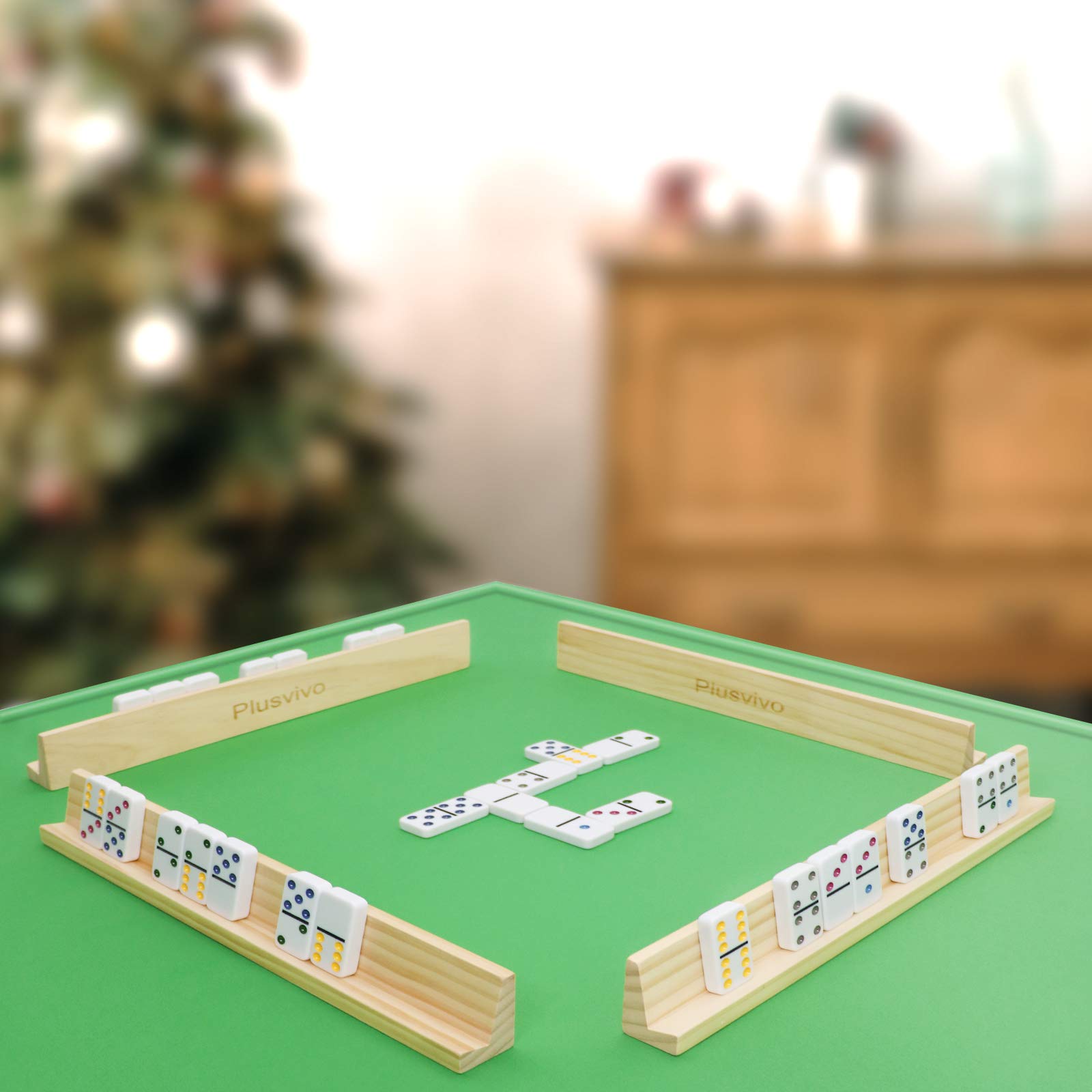 Plusvivo Mexican Train ready domino racks in use during a game