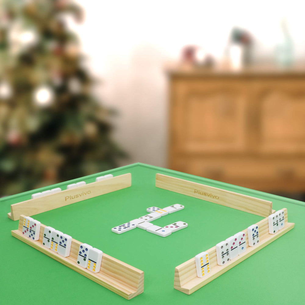 Plusvivo Mexican Train ready domino racks in use during a game
