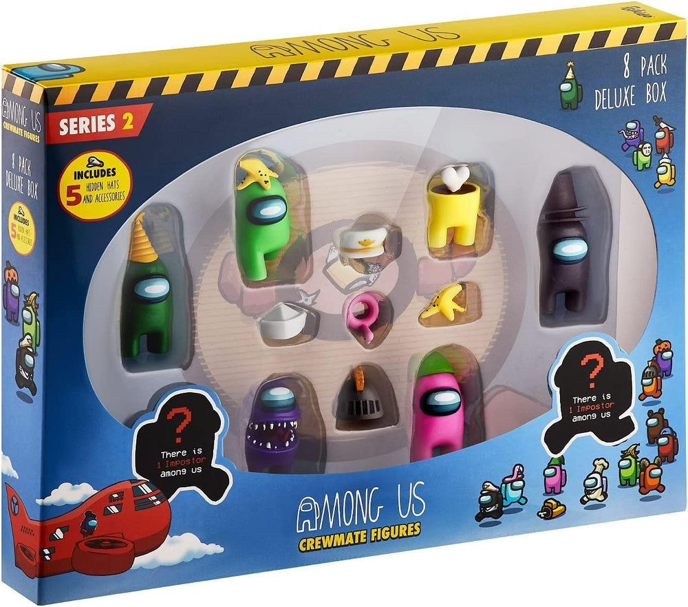 P.M.I. Among Us deluxe box open reveals 8 collectible figures and accessories.
