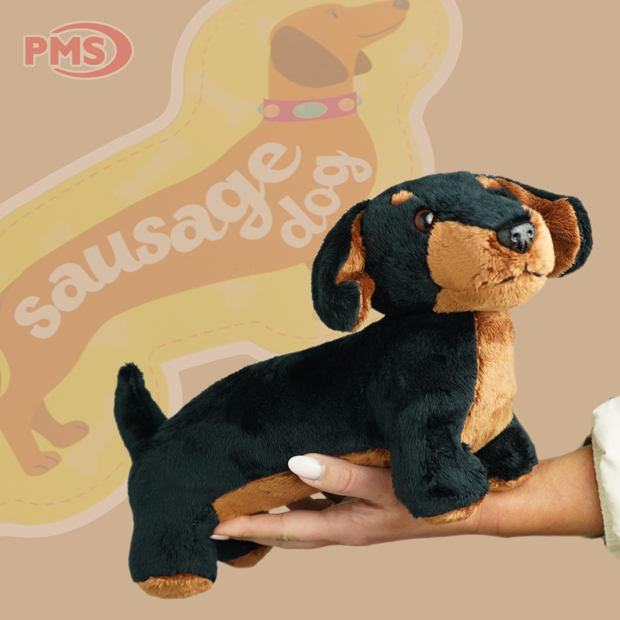 PMS sausage dachshund plush easy-care surface washable fabric.