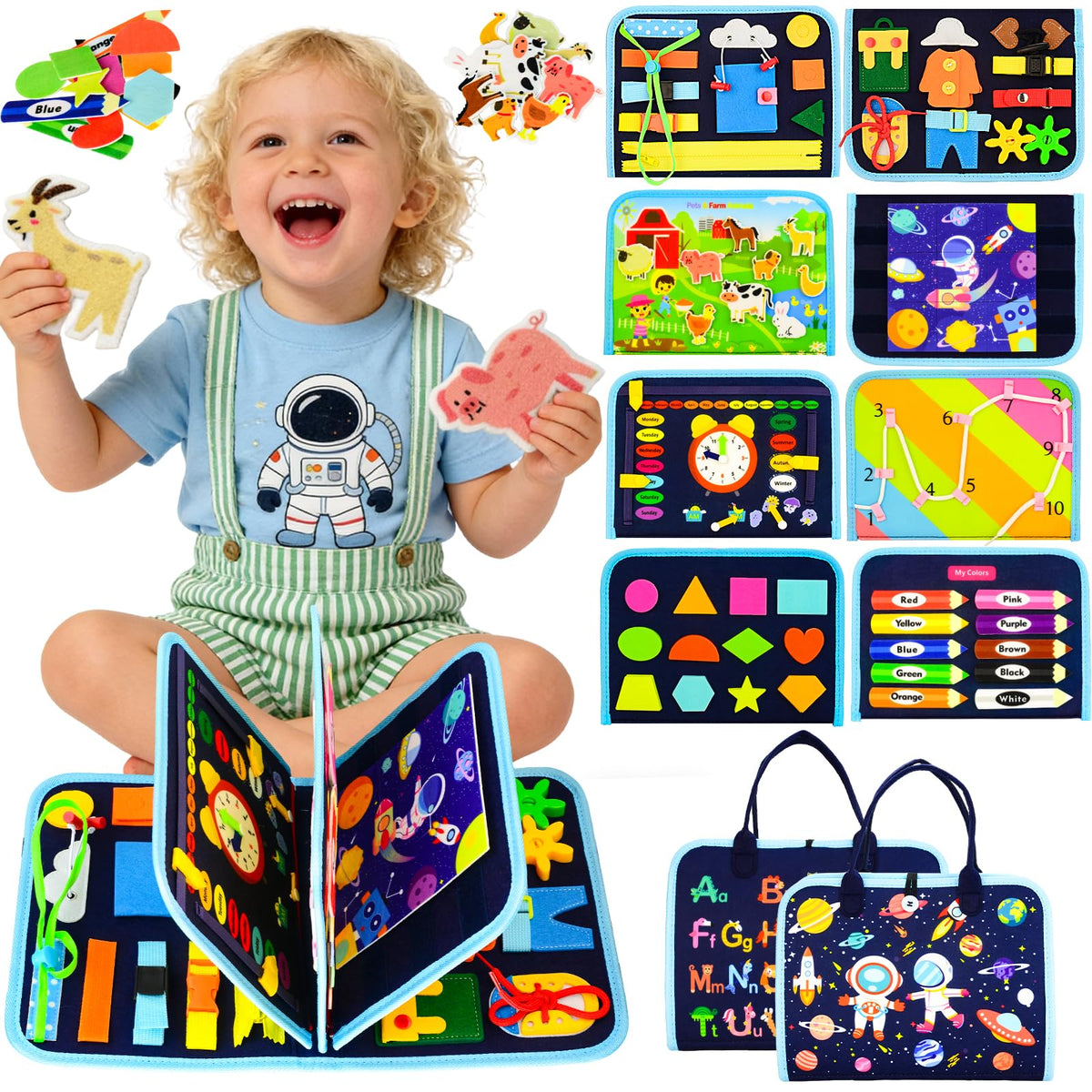 Pnooe Busy Board with eight pages offering diverse activities for fine motor practice