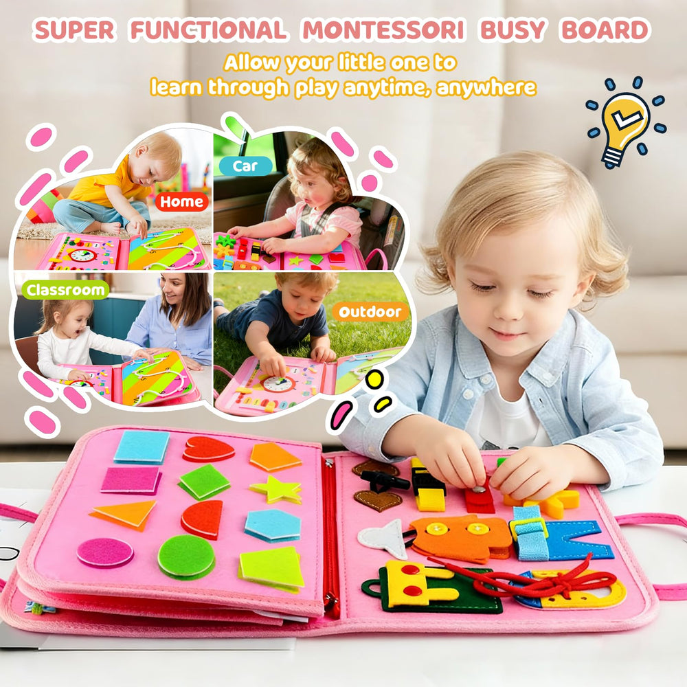 Pnooe busy board features detachable pages for flexible play setups.