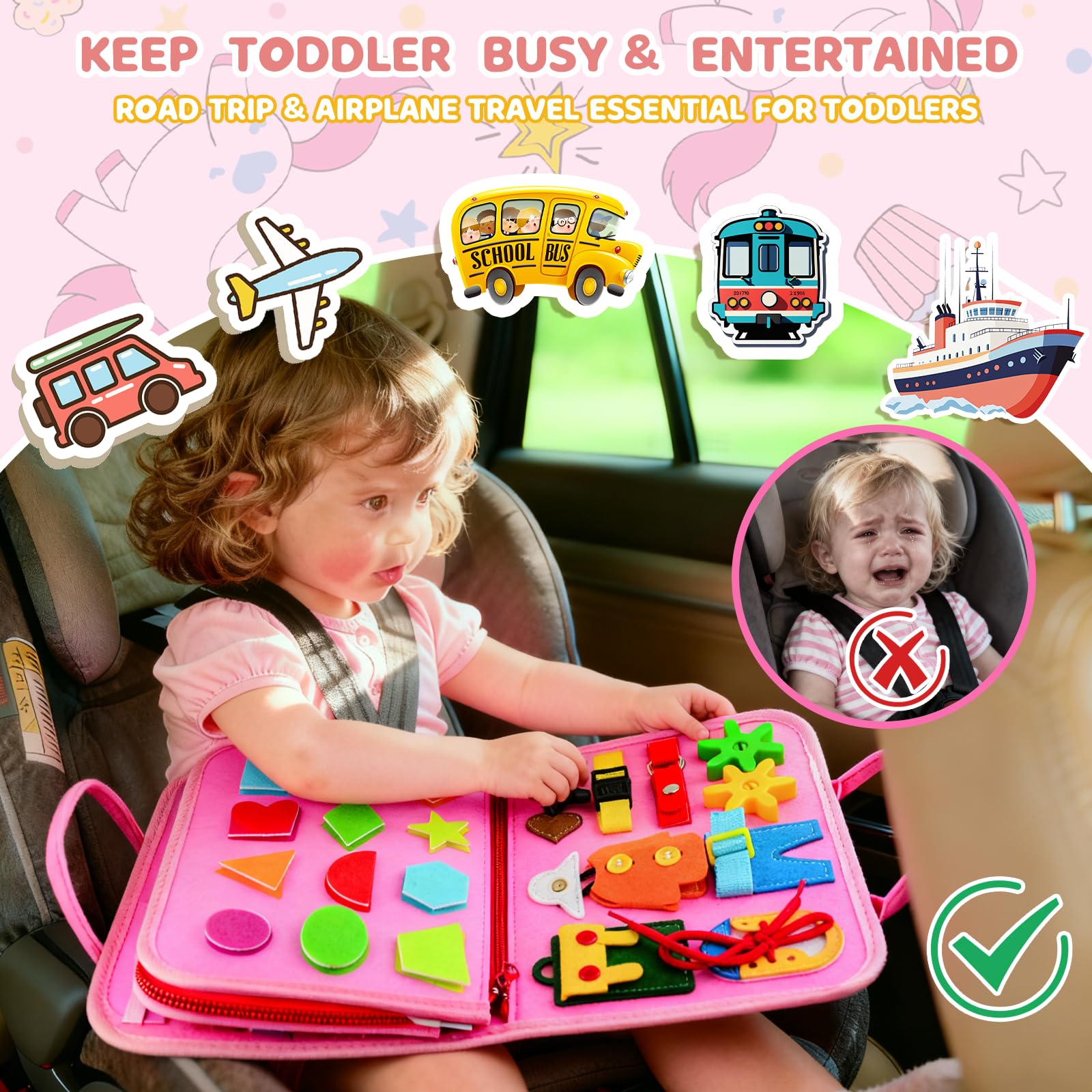 Pnooe busy board portable handle makes car trips easier.